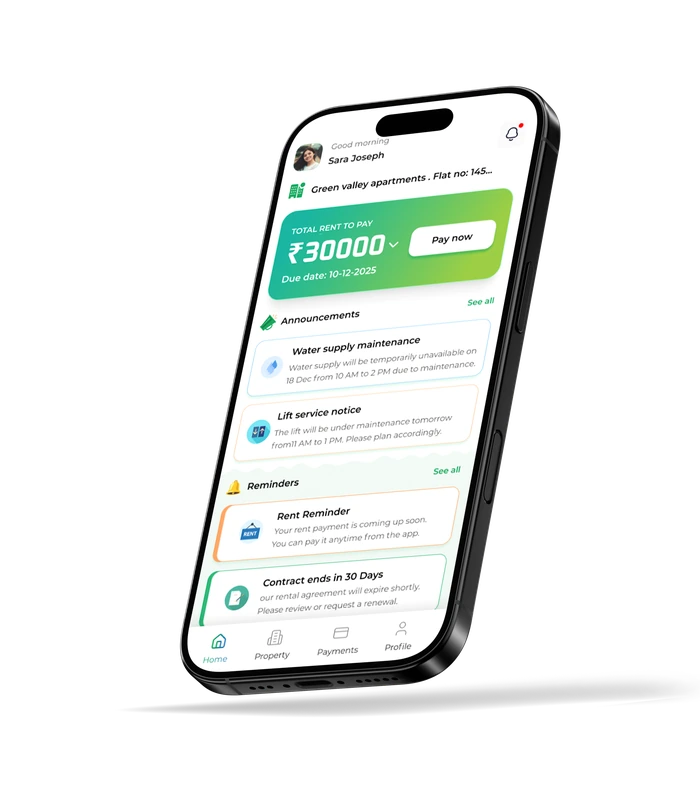 The EjariCloud tenant app showing rent due, announcements and reminders